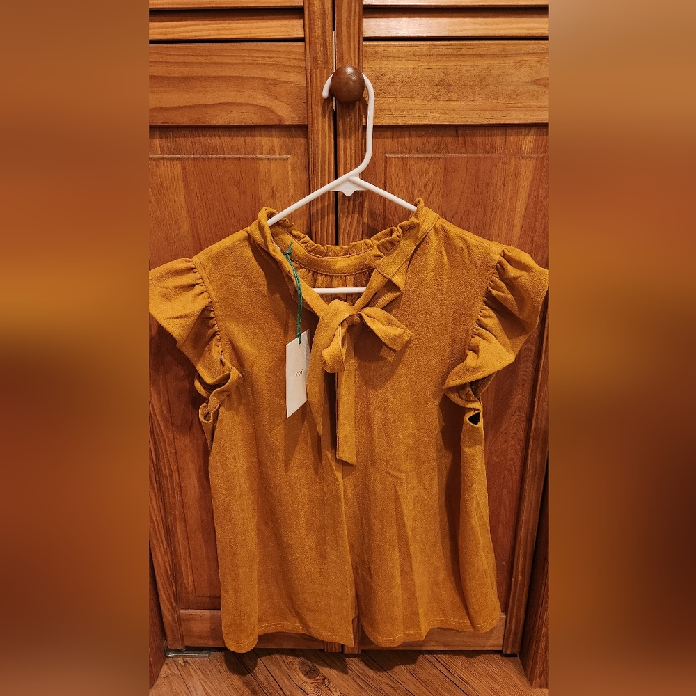 Suede ruffle sleeve top in mustard by VOY Los Angeles
